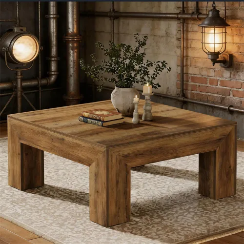 Vista 3 de Mesa auxiliar de madera, 39.37 pulgadas, cuadrada de mediados de siglo, mesa central de madera moderna de madera de fibropanel de densidad media