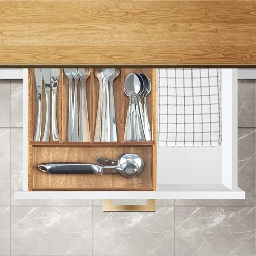 Vista 5 de KITEISCAT Organizador de cubiertos de madera de acacia, organizador de cajones de utensilios de cocina para tenedores, cuchillos y cucharas, bandeja