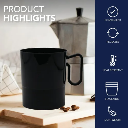 Vista 4 de Party Essentials Bistro - Taza de café de plástico duro con asa, 40 unidades, 8 onzas, color negro