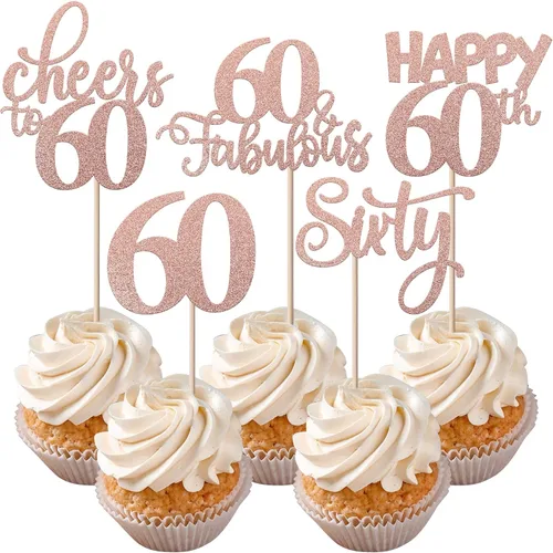 Vista 14 de Rsstarxi Paquete de 30 adornos para cupcakes de 6º cumpleaños con purpurina negra de seis Hello 6 para cupcakes Cheers to 6 años de edad