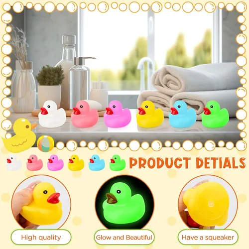 Vista 3 de 24 patos de goma que brillan en la oscuridad de 2.2 pulgadas, mini pato de goma fluorescente, juguetes flotantes para tina de bebé, fiestas
