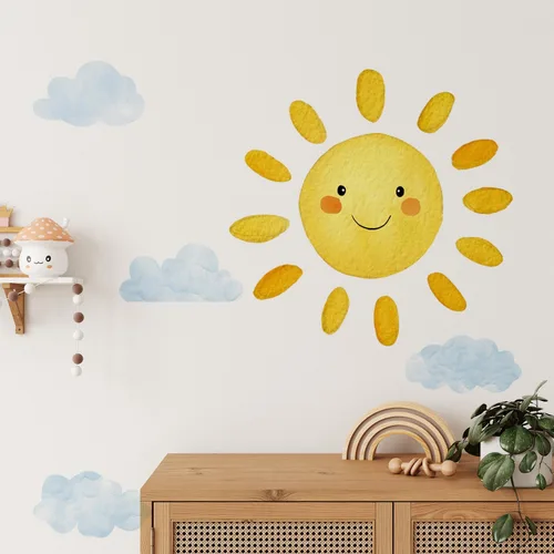 Vista 8 de Decoración grande para cuarto de bebé, sol sonriente y flor de color, calcomanía de pared para sala de juegos, aula y fiesta, acuarela Dreamscape