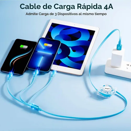 Vista 2 de Cable USB C de carga rápida múltiple 4A [2 unidades/4 pies] cargador múltiple retráctil USB A a tipo C/Lightning/Micro USB 3 en 1 cable USB