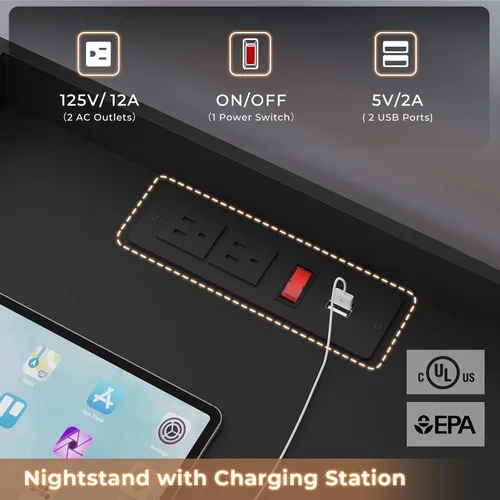 Vista 5 de HAUOMS Mesita de noche grande con estación de carga y luz LED, mesa auxiliar con 3 cajones y estante extraíble, mesita de noche con puertos USB