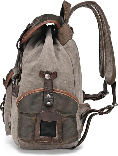 Vista 3 de Mochila de lona Tapa Mochila grande de lona con detalles de cuero genuino Mochila retro para portátil, Gris, Mochila de senderismo