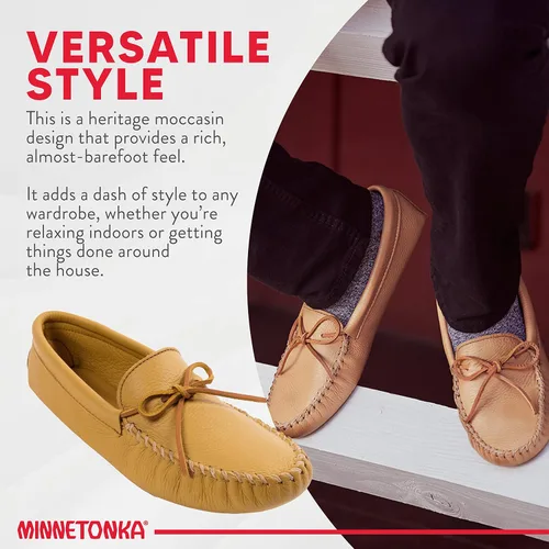 Vista 4 de Minnetonka Mocasines de piel de ciervo doble suela suave para hombre, Piel de ciervo natural.