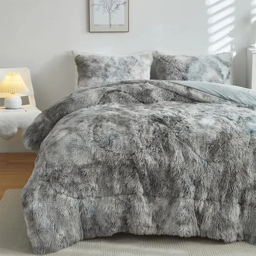 Vista 16 de Wajade Juego de edredón de felpa de pelo sintético teñido anudado negro, juego de ropa de cama mullido y peludo, juego de edredón de microfibra