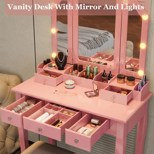 Vista 5 de Tocador de maquillaje rosa para niñas, escritorio con espejo y luces, tocador para niñas con luces, juego de tocador de maquillaje tocadores