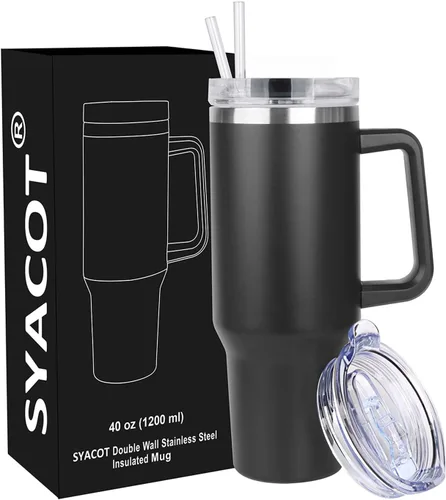 Vista 9 de SYACOT Vaso de 40 onzas con asa y pajita, vaso aislado de acero inoxidable, tapa a prueba de fugas y tapa con pajilla, taza de café de viaje