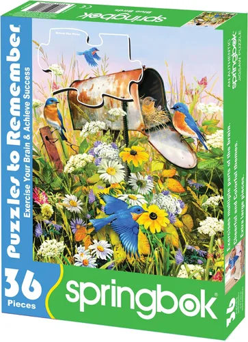 Vista 2 de Springbok Puzzle to Remember - Alzheimer & Demencia Actividad - Rompecabezas de 36 piezas Blue Birds - Hecho en Estados Unidos