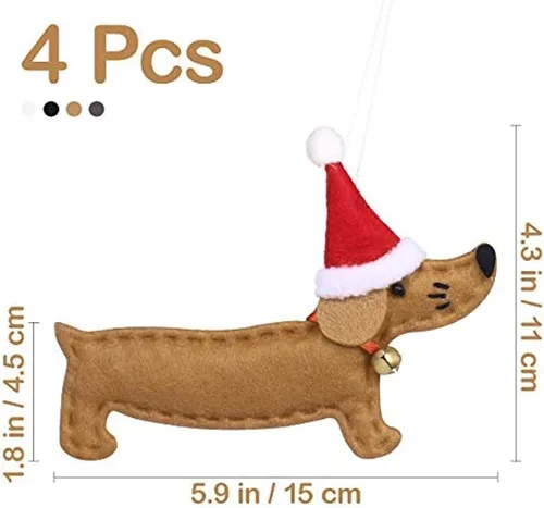 Vista 4 de Colgantes de árbol de Navidad, 4 piezas de perro salchicha, adornos colgantes de fieltro artesanal, adornos para fiesta de Navidad, decoración