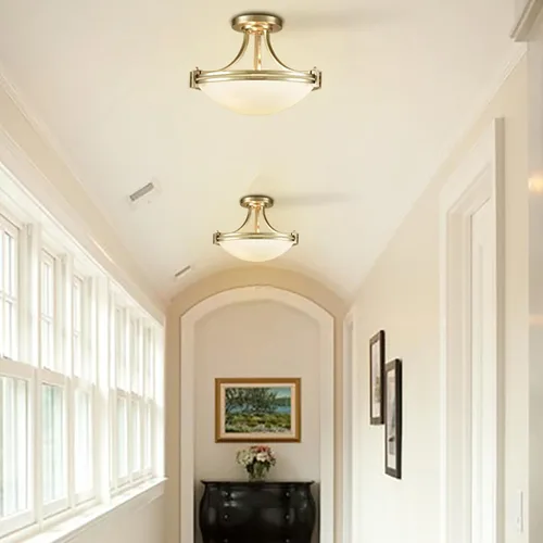 Vista 4 de SAMTEEN Lámpara de techo semiempotrada de níquel cepillado moderna de 3 luces de vidrio blanco para pasillo, lámpara de techo para dormitorio, sala