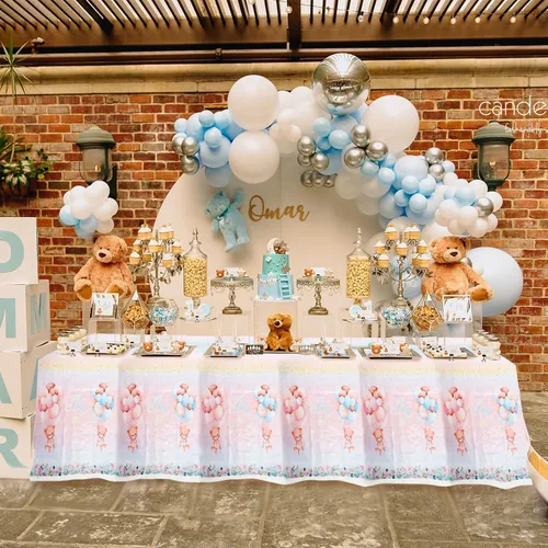 Vista 4 de Paquete de 3 manteles de oso de peluche, manteles de plástico para revelación de género, mantel impermeable rosa y azul para niños o niñas, baby