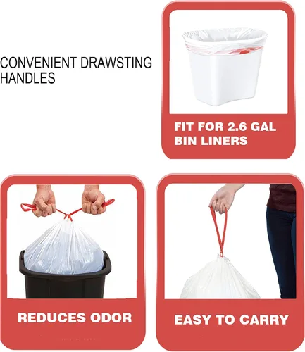 Vista 4 de BEIDOU-PAC Bolsas de basura de 2.6 galones con cordón, 100 unidades, bolsas de basura de rollo múltiple, pequeñas bolsas de basura de cocina, sin