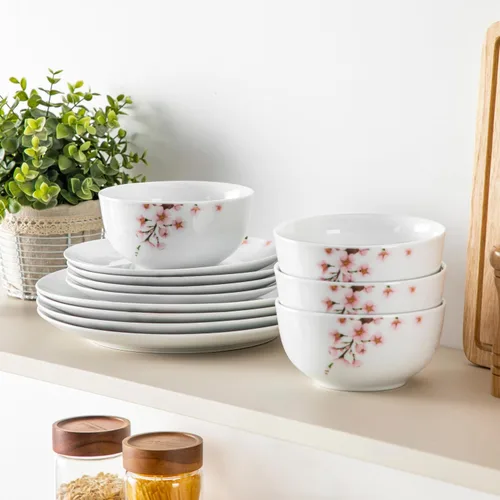 Vista 6 de VEWEET juego de vajilla de porcelana para 4, juego de 12 piezas con platos y cuencos con diseño floral rosa, juego de platos para la cocina ideal