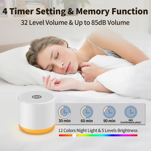 Vista 5 de Máquina portátil de ruido blanco, mini máquina de sonido con luz, 30 sonidos relajantes, recargable para adultos, bebés, niños, máquina de ruido