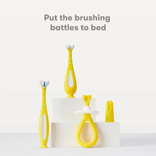 Vista 6 de Frida Baby Cepillo de dientes de entrenamiento para bebés con cerdas de silicona suave, amarillo