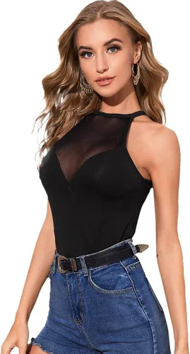 Vista 3 de Verdusa Top halter ajustado sin mangas de malla de contraste transparente para mujer