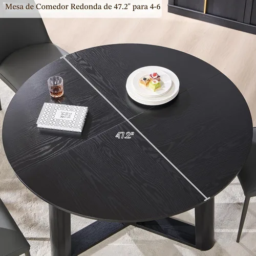 Vista 5 de OKD Mesa de comedor de 47 pulgadas para 4-6, mesa de comedor redonda con estructura triangular, base estable de pedestal, borde de mesa curvado