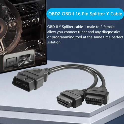 Vista 2 de CERRXIAN 30cm/1ft OBD2 OBDII 16 Pin Splitter Y Cable 1 macho a 2 Cable de extensión hembra