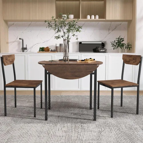 Vista 2 de Moderno juego de mesa de comedor redonda de 3 piezas con hojas caídas y 2 sillas para lugares pequeños, marco negro + acabado marrón rústico