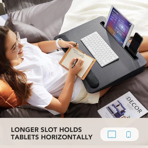 Vista 7 de HUANUO Escritorio de regazo para laptop, escritorio portátil con cojín de almohada, se adapta a portátiles de hasta 17 pulgadas, con tira Negro