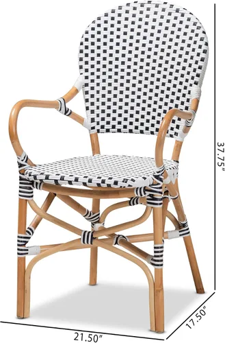Vista 9 de Bali & pari Naila - Juego de 2 sillas estilo bistró para interiores y exteriores con tejido clásico francés en blanco y negro y ratán natural