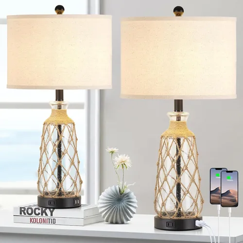 Vista 11 de Ruzectt Lámparas de mesa de cristal costero, lámparas de noche regulables de 3 vías con control táctil con 2 puertos USB y salida de CA, lámparas
