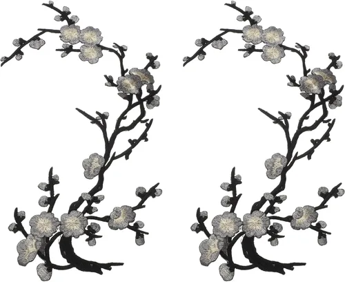 Vista 10 de MECCANIXITY 2 piezas de parches termoadhesivos de flor de ciruelo, apliques de bordado de flores para coser, apliques de decoración para agujeros