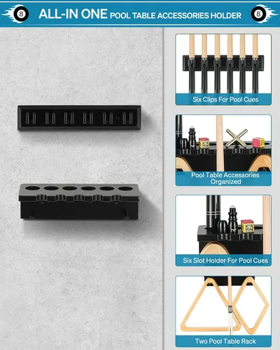 Vista 5 de EXTCCT - Soporte de pared para taco de billar, 6 tacos, color negro Solid Oak Hardwood Pool Cue Set Holder For Sticks Storage. Essential Pool