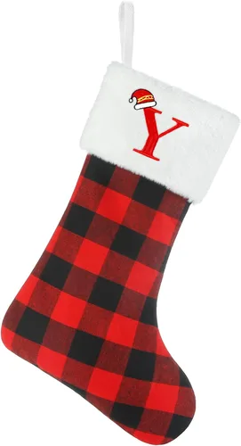 Vista 10 de Senneny - Medias de Navidad con iniciales, 20" grandes rojas y negras a cuadros de búfalo, monograma, medias de Navidad con puño de felpa blanca