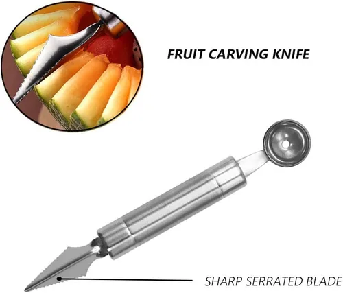 Vista 6 de 2 cucharas de melón Baller, formas de cortador de frutas de acero inoxidable, herramienta multifuncional para tallar cucharada de melón