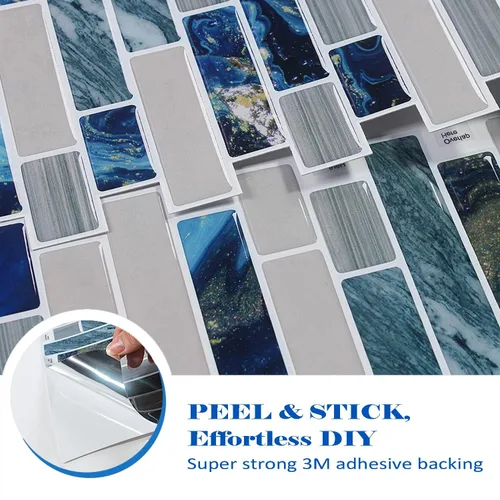 Vista 2 de Azulejos Autoadhesivos Despegar y Pegar para Salpicadero 12"x12" Pegatinas de Azulejos Autoadhesivos para Cocina Baño - Azul, 5 Hojas