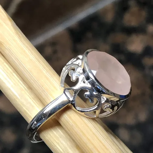 Vista 4 de Anillo de plata de ley 925 de cuarzo rosa rosa natural de 4 quilates, tamaño 6, 8, 9