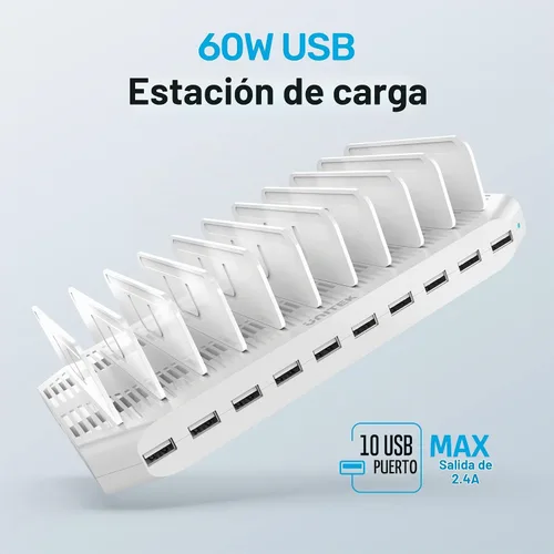 Vista 2 de Unitek Estación de carga de 10 puertos, organizador de cargador USB para múltiples dispositivos Multi Charging Dock Smart IC Tech Adjustable