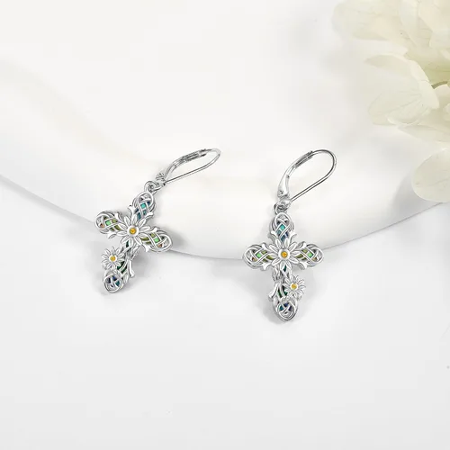 Vista 2 de Aretes de cruz de plata de ley 925 con cruz colgantes, regalos para mujer