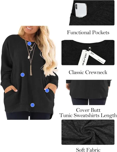 Vista 4 de DOLNINE Sudaderas de talla grande para mujer, con bloques de color, manga larga, con bolsillo 01_ negro