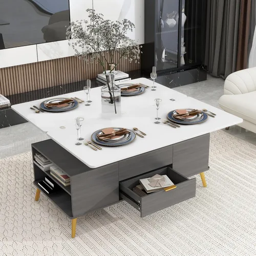 Vista 18 de RUNNA Mesa de centro elevable, mesa de centro elevable con 1 cajón de almacenamiento y estante, sofá de madera ajustable para té, mesa de centro