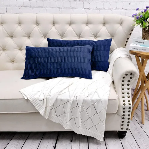 Vista 7 de Juego de 2 fundas de almohada decorativas de terciopelo a rayas plisadas de 14 x 26 pulgadas, funda de cojín rectangular suave y elegante para sofá