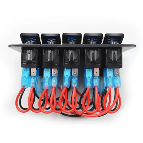 Vista 4 de FXC Interruptor basculante de barco marino impermeable, panel de aluminio de 5 segmentos con ranura USB dual 3.1A + medidor de voltios, luz LED azul