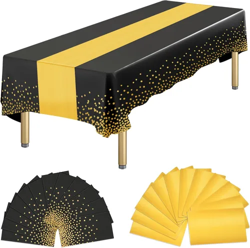 Vista 15 de Paquete de 12 manteles rectangulares de plástico negro desechables y satinados, mantel rectangular negro y dorado para cumpleaños, aniversario