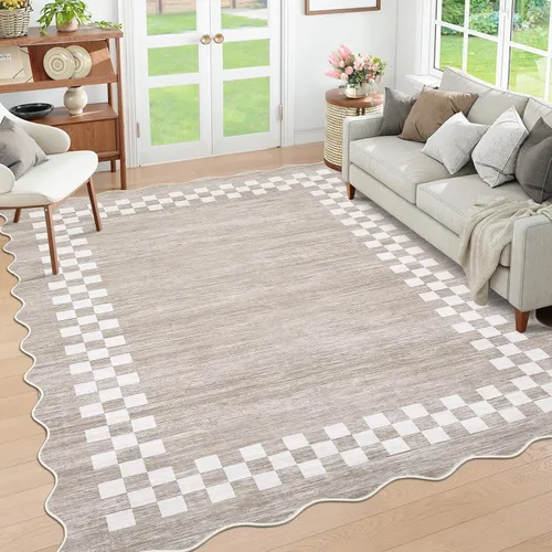 Vista 94 de GarveeHome Alfombra lavable de 5 x 7 pies para sala de estar, alfombra Beige festoneado