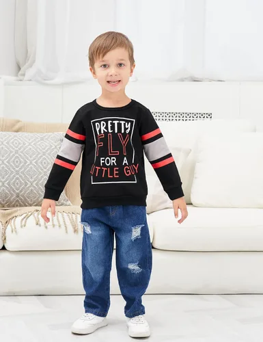 Vista 2 de oklady Ropa para niño pequeño, sudadera de manga larga con letras y pantalones de mezclilla rasgados, trajes de otoño e invierno para niños, 2-6T