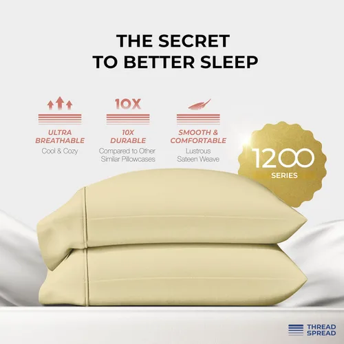 Vista 5 de Thread Spread Fundas de Almohada de Algodón Egipcio 100% Tamaño Estándar/Queen Juego de 2 - Fundas de Almohada Beige Satén de Lujo con Cuenta