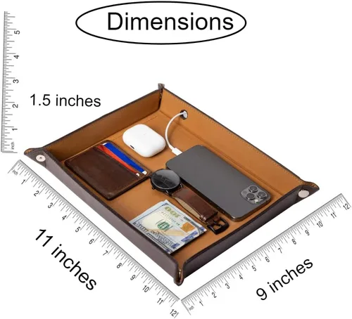 Vista 2 de Bandeja grande de cuero genuino Bandeja de cartera de joyería, plato para llaves, mesa de entrada, organizador para hombres, bandeja de noche