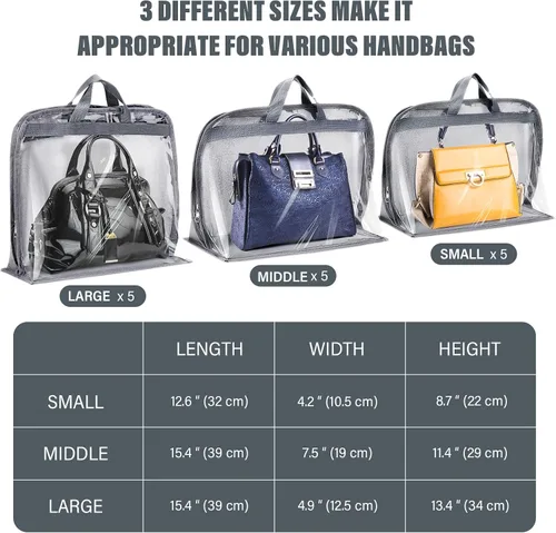 Vista 2 de 15 bolsas para el polvo para bolsos, organizador de almacenamiento de bolsos, 3 tamaños, organizador de bolsos transparentes para colgar bolsas
