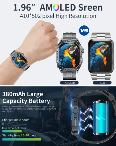 Vista 2 de Reloj inteligente militar para hombre (respuesta/hacer llamadas), reloj inteligente AMOLED de 1.96 pulgadas para exteriores con brújula/frecuencia