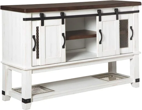 Vista 3 de Signature Design by Ashley Valebeck Farmhouse - Mesa de comedor o buffet, color blanco y marrón y Valebeck Farmhouse rectangular con extensión, se