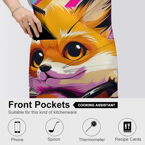 Vista 5 de MUSM Apron for Adults - 27.6 X 31.5 Inch, Heavy-Duty Polyester Aprons with Two Large Pockets, Waterproof Little Fox in The Car Kitchen Apron for