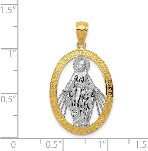 Vista 2 de JewelryWeb - Colgante grande con medalla milagrosa de oro bicolor de 14 quilates - 0.748 in x 1.280 in - Collar religioso para mujeres y hombres
